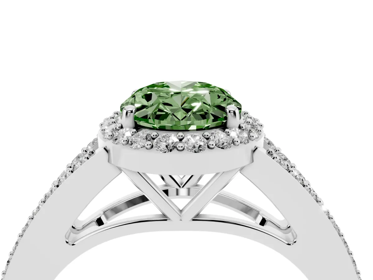 Fancy Green Oval Cut Halo Split Shank Diamond Ring with Prong Setting Silver