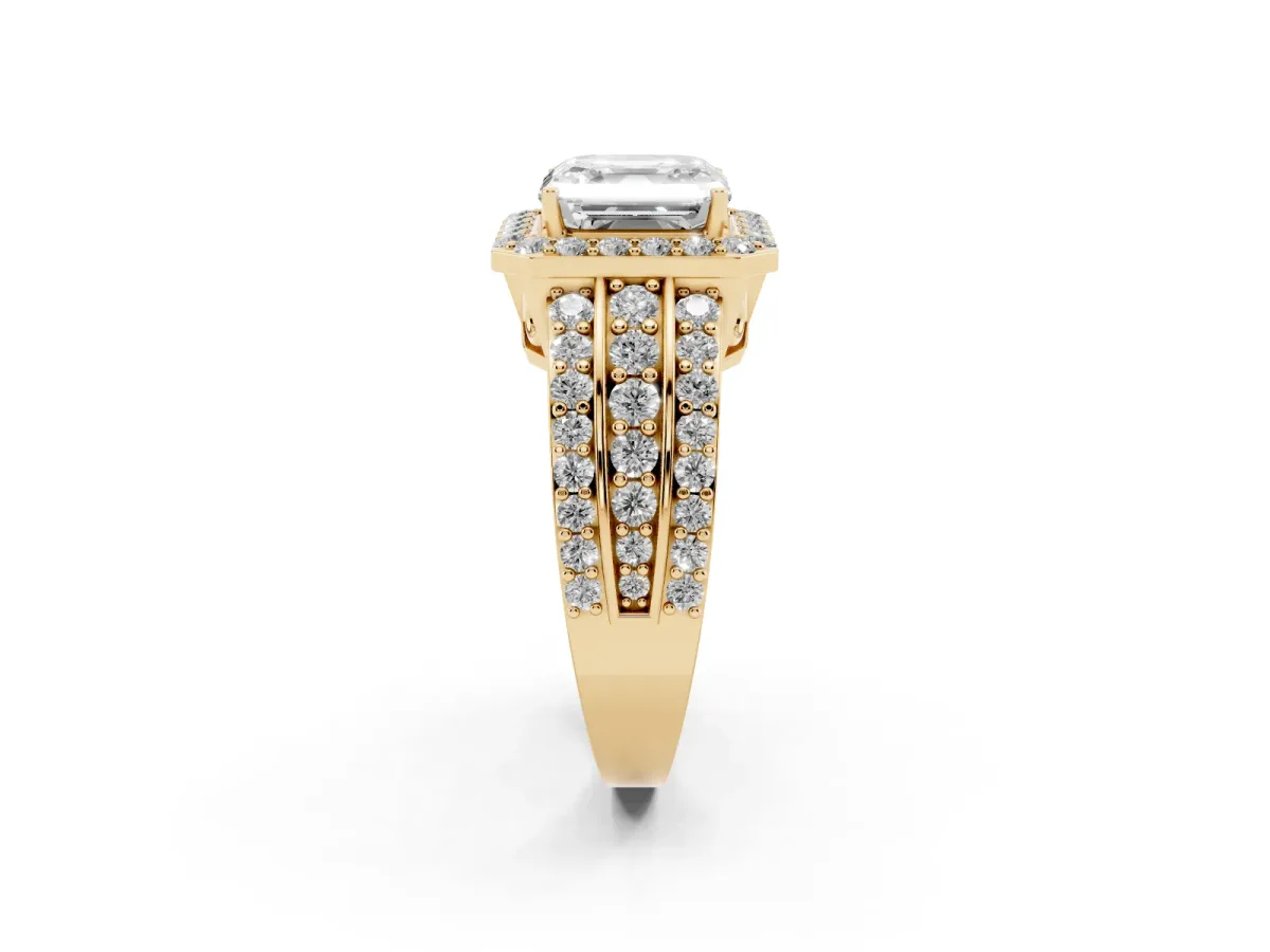 Asscher Cut Halo Diamond Ring with Round Split Shank and Prong Setting Yellow gold