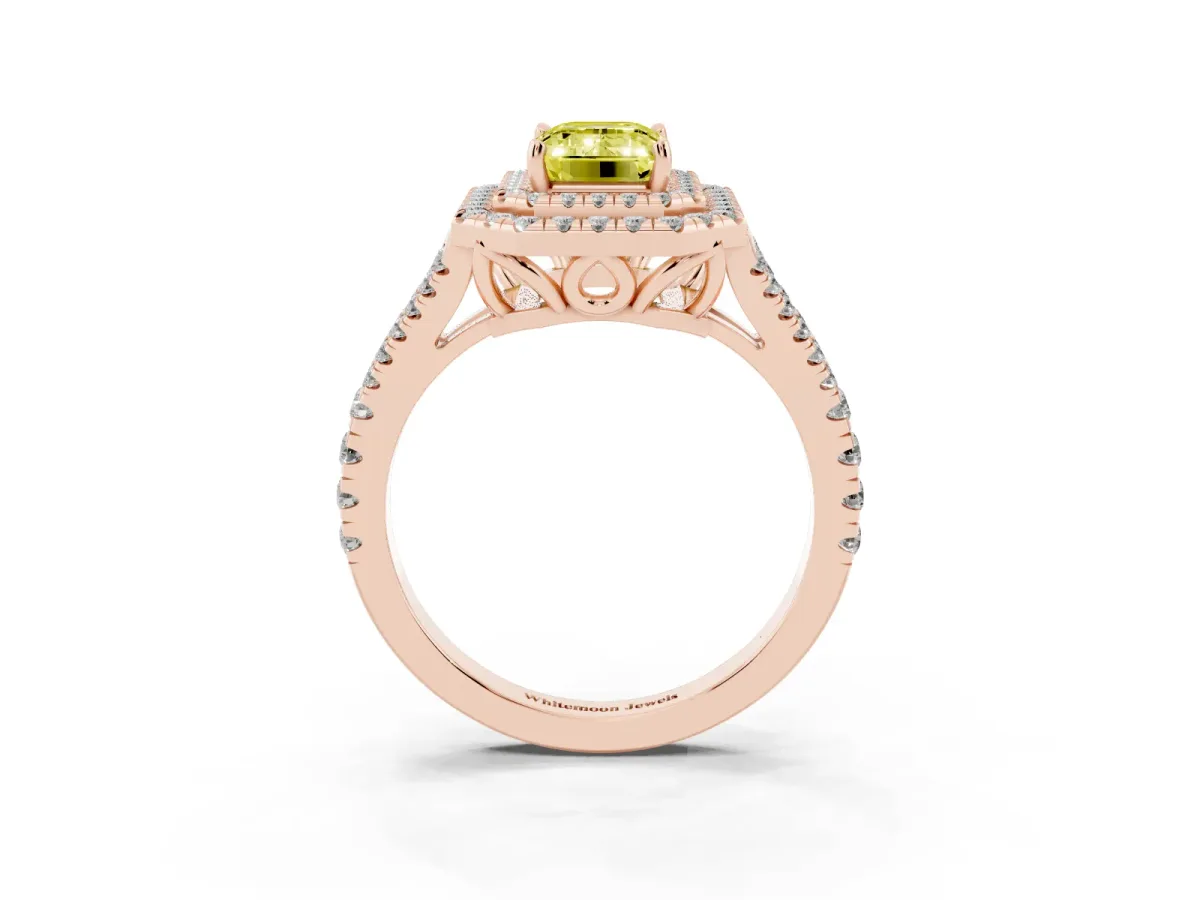 Fancy Yellow Emerald Cut Diamond Double Halo Ring with Pavé Band and Prong Setting Rose gold