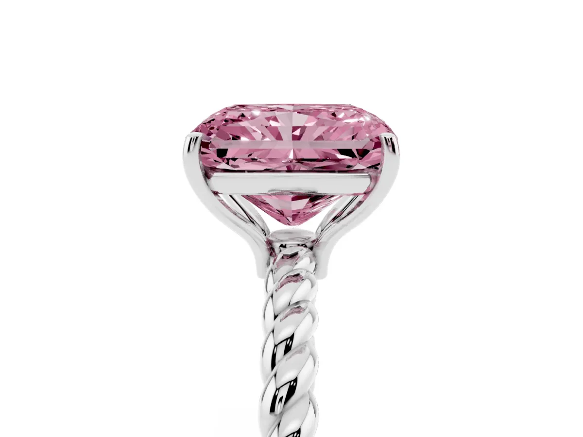 Fancy Pink Radiant Cut Solitaire Twist Band Ring with Four-Prong Setting Platinum