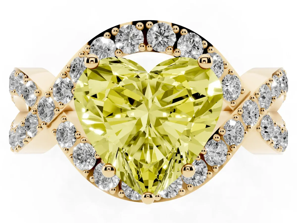 Fancy Yellow Heart Cut Solitaire Twist Band Pavé Diamond Engagement Ring Yellow gold