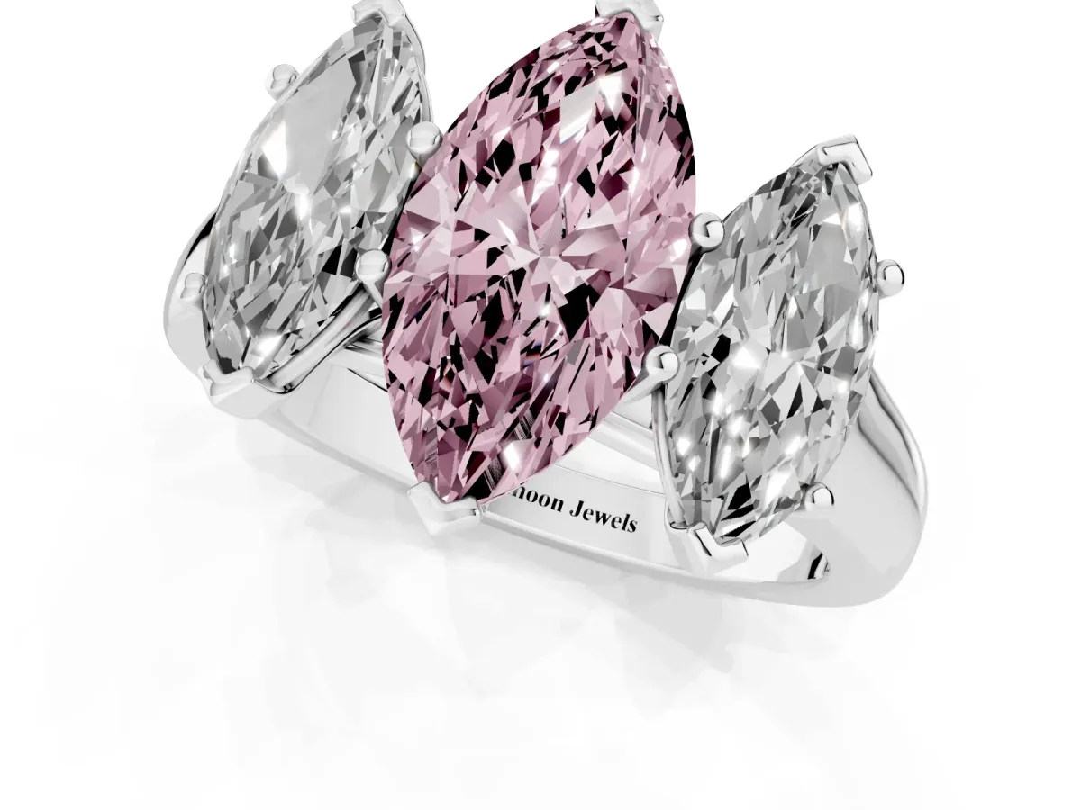 Fancy Pink Marquise Cut Three-Stone Diamond Ring with Prong Setting on a Classic Band Silver
