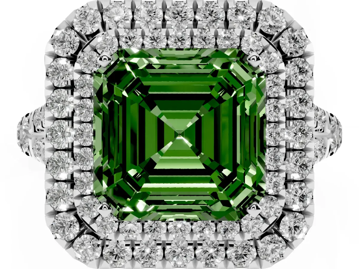 Fancy Green Asscher Cut Cut Double Halo Split Shank Diamond Ring with Prong Setting Silver