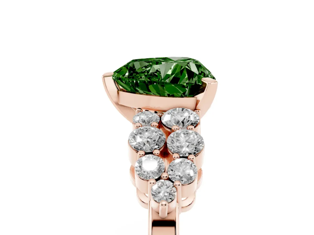 Fancy Green Heart Cut Cluster Diamond Engagement Ring with Pavé Band and Four-Prong Setting Rose gold