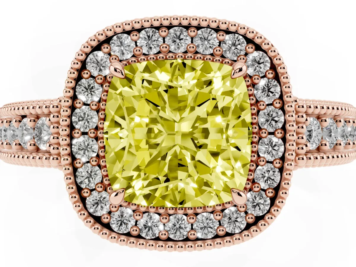 Fancy Yellow Cushion Cut Cut Halo Diamond Ring with Pavé Band and Four-Prong Setting Rose gold