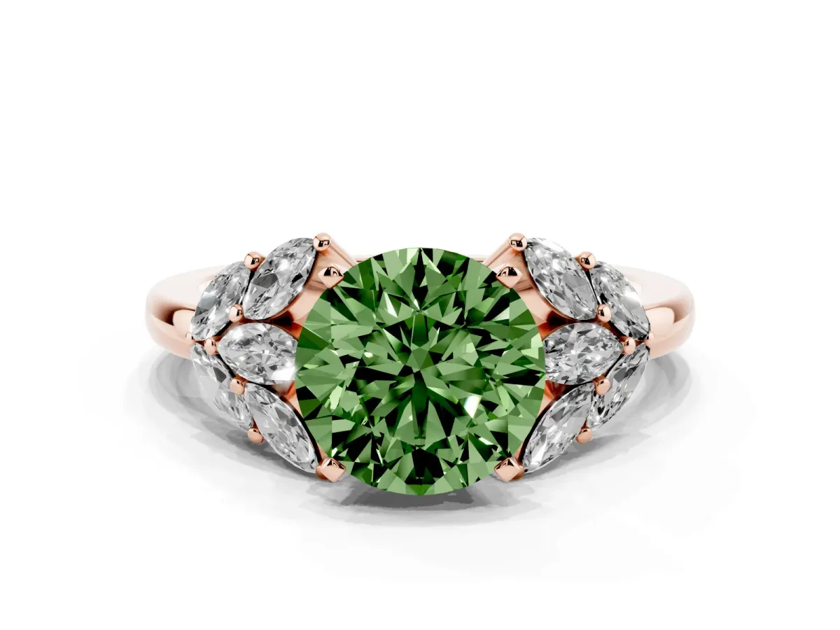 Fancy Green Round Cut Diamond Cluster Leaf Design Ring with Prong Setting Rose gold