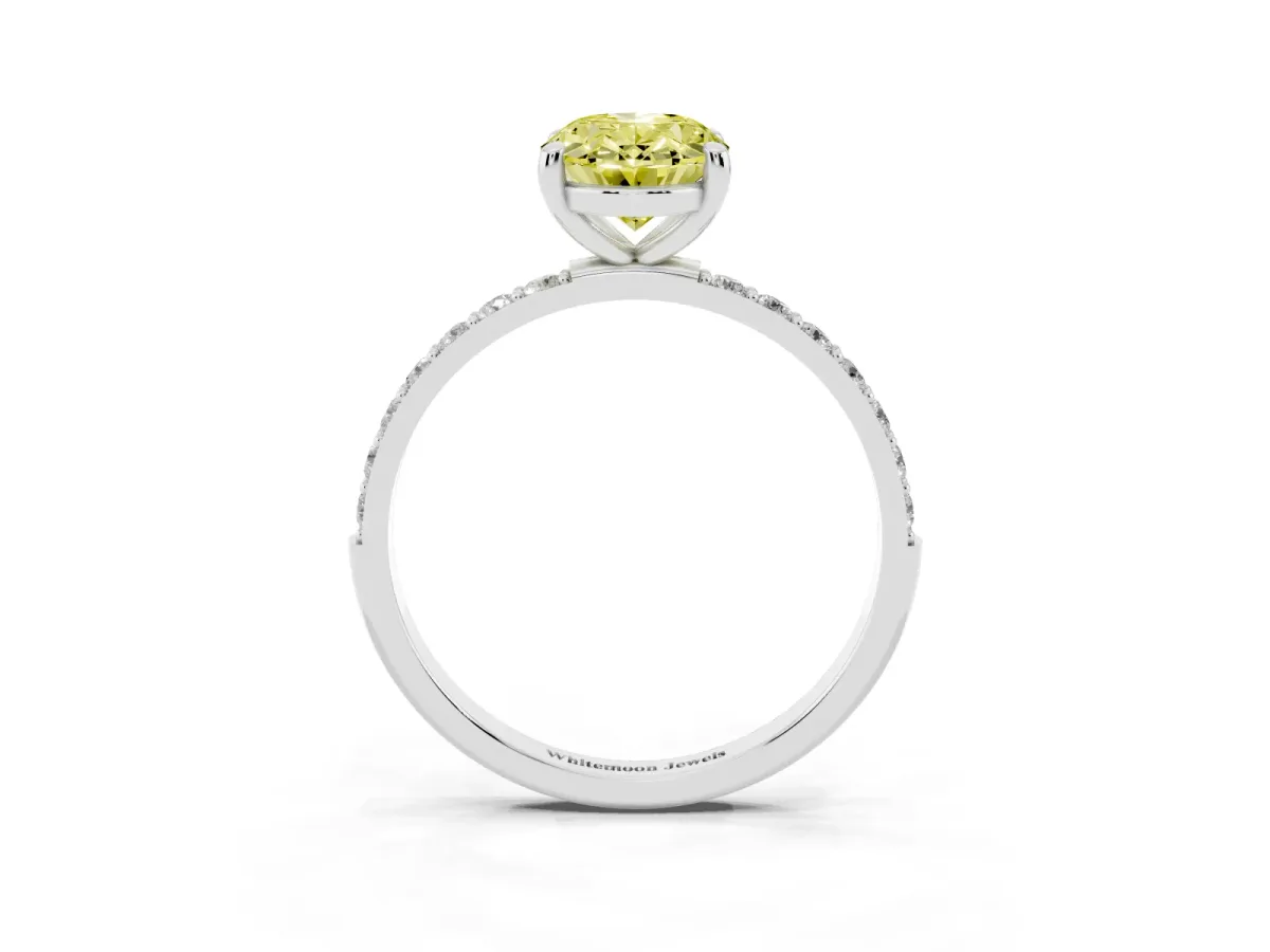 Fancy Yellow Oval Cut Diamond Solitaire Ring with Round Pavé Band and Prong Setting Platinum