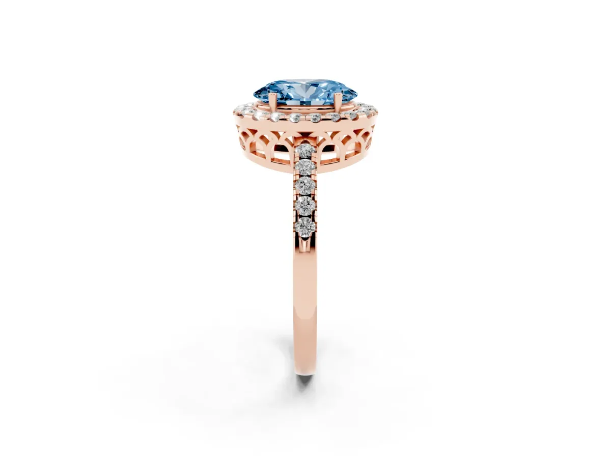 Fancy Blue Oval Cut Halo Diamond Engagement Ring with Pavé Band and Four-Prong Setting Rose gold