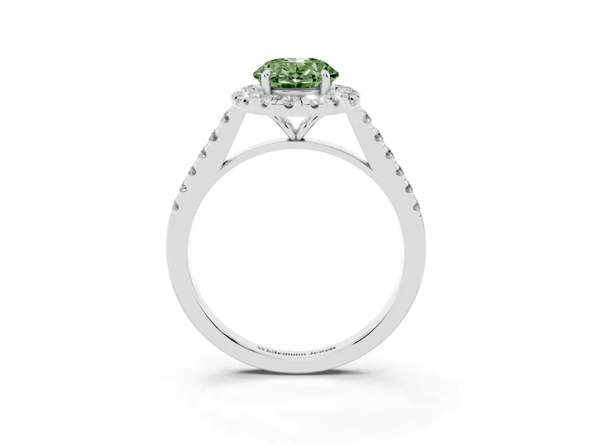 Fancy Green Oval Cut Halo Pave Diamond Engagement Ring with Four-Prong Setting Silver