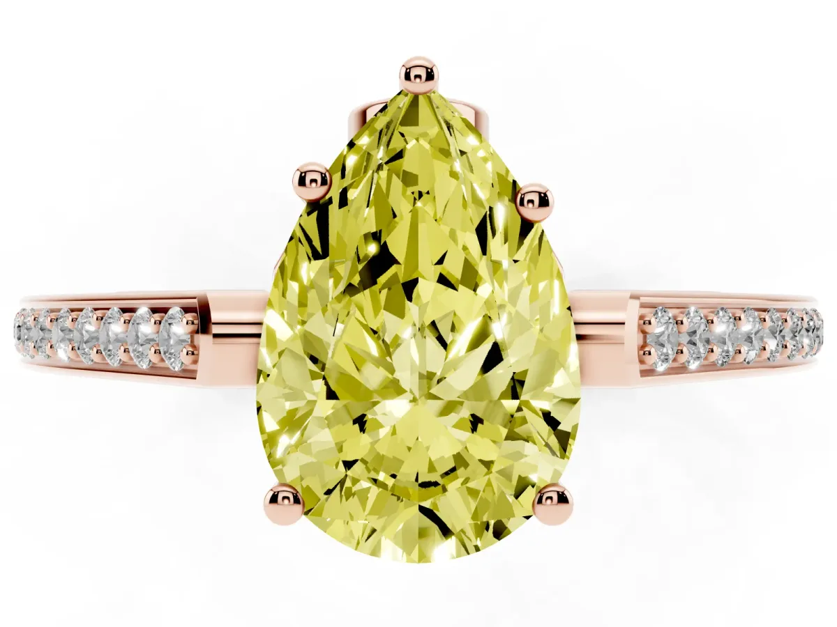 Fancy Yellow Pear Cut Cut Cathedral Pave Diamond Engagement Ring with Six-Prong Setting Rose gold