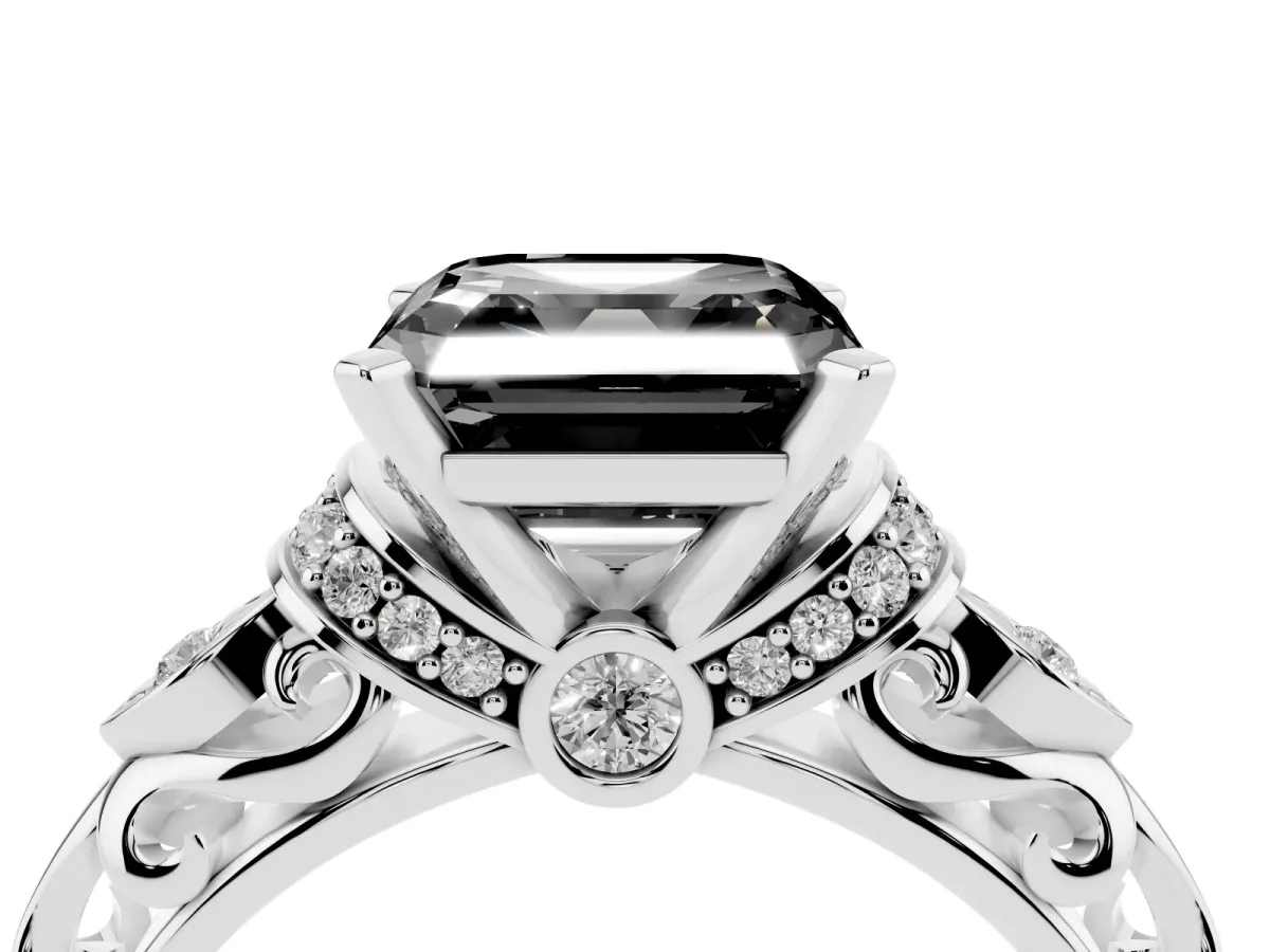 Fancy Black Asscher Cut Diamond Solitaire Ring with Filigree Band and Four-Prong Setting Silver