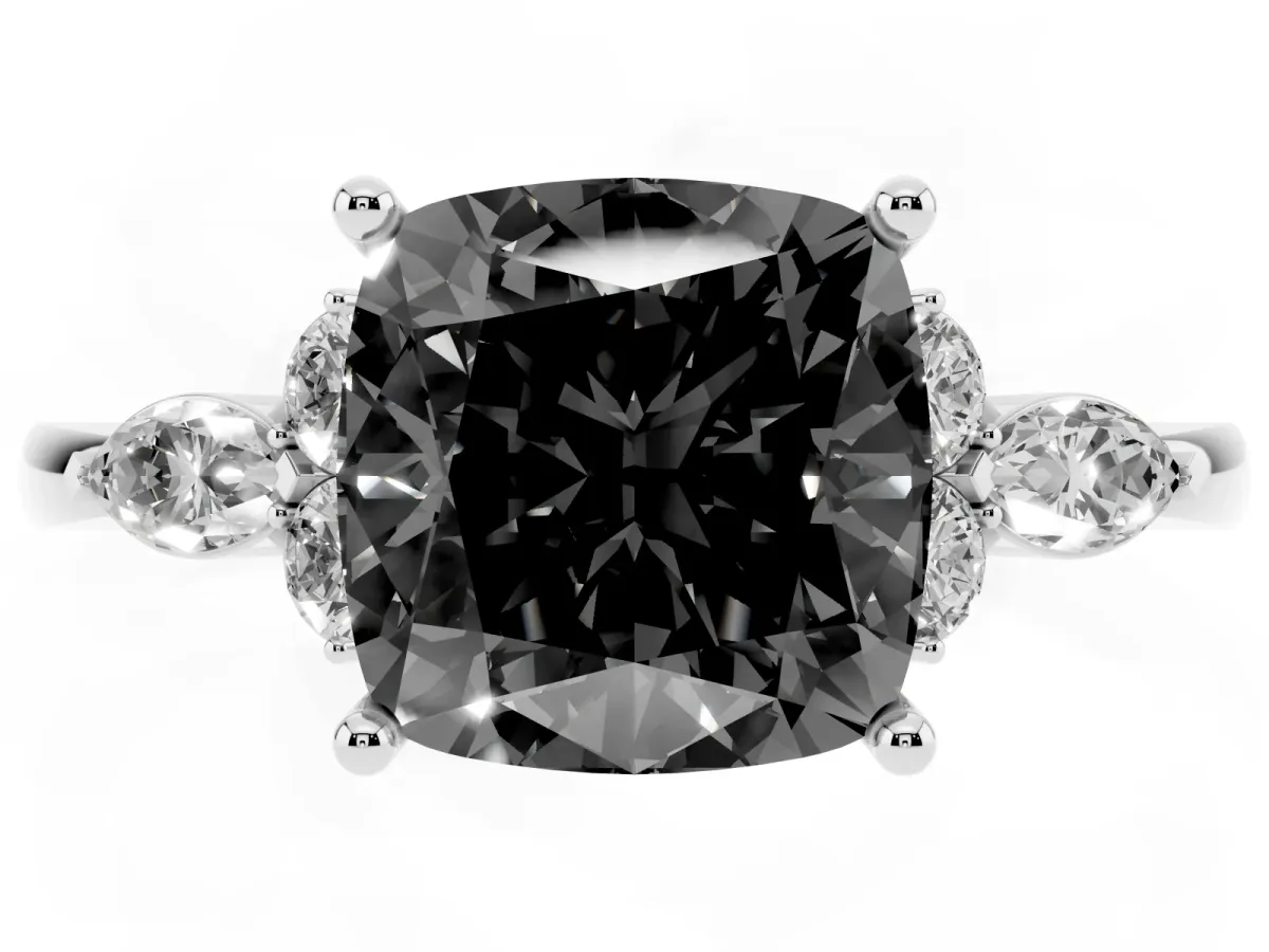 Fancy Black Cushion Cut Brilliant Diamond Solitaire Ring with Pear Side Stones and Four-Prong Setting White gold
