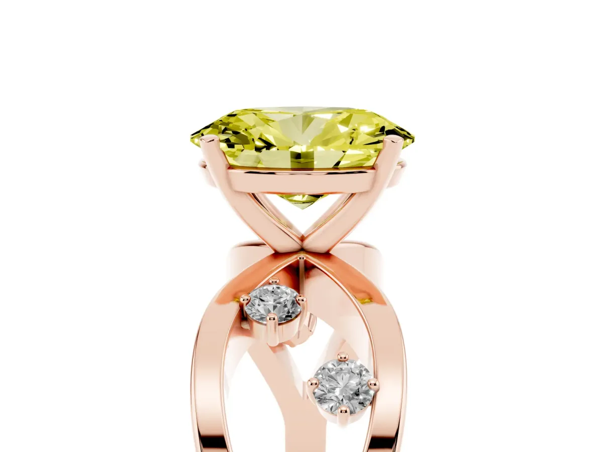 Fancy Yellow Oval Cut Cut Solitaire Diamond with Side Stones on Criss-Cross Band and Four-Prong Setting Rose gold
