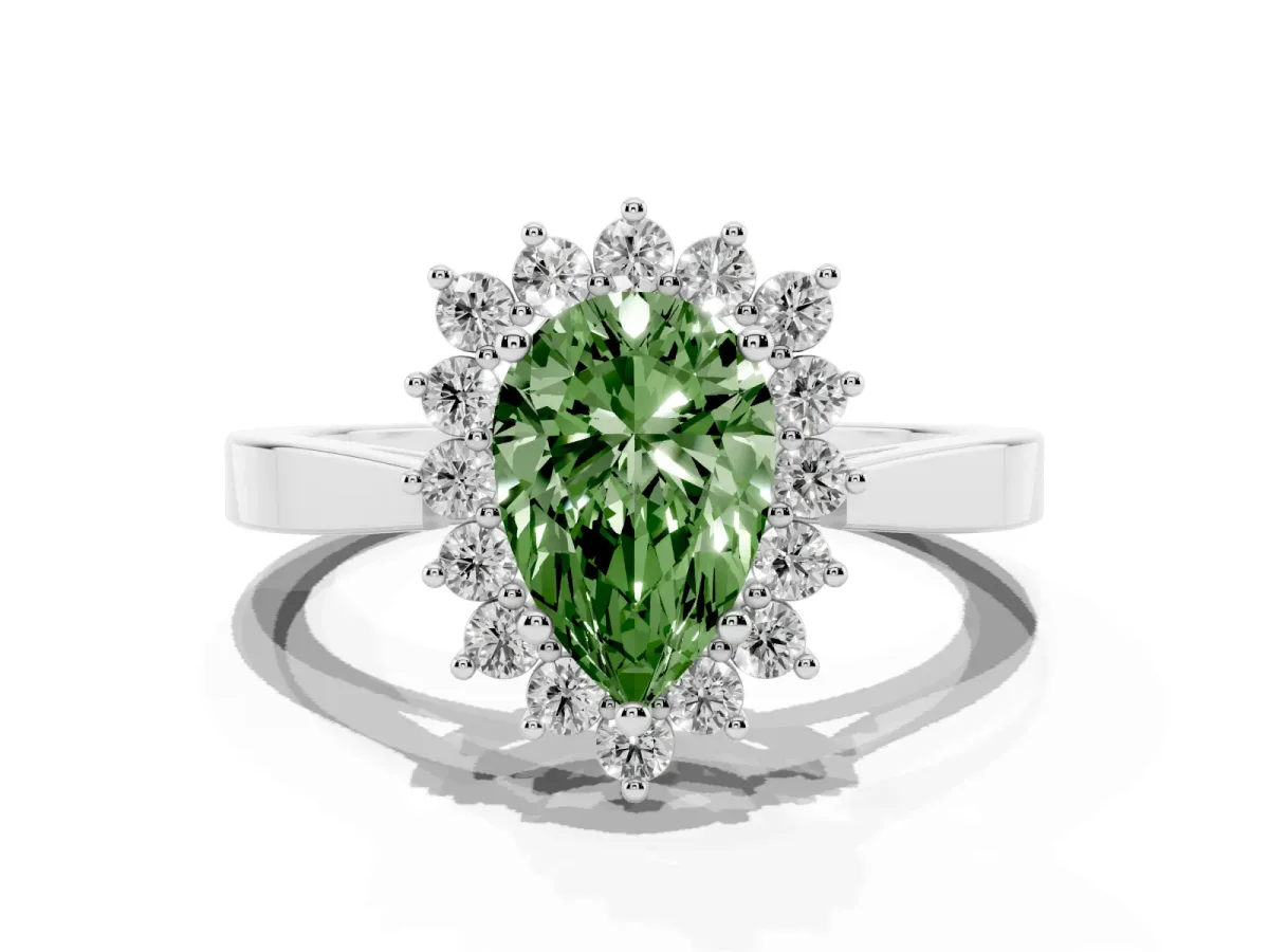 Fancy Green Pear Cut Cut Diamond Halo Ring with Round Brilliant Halo and Solitaire Band Silver