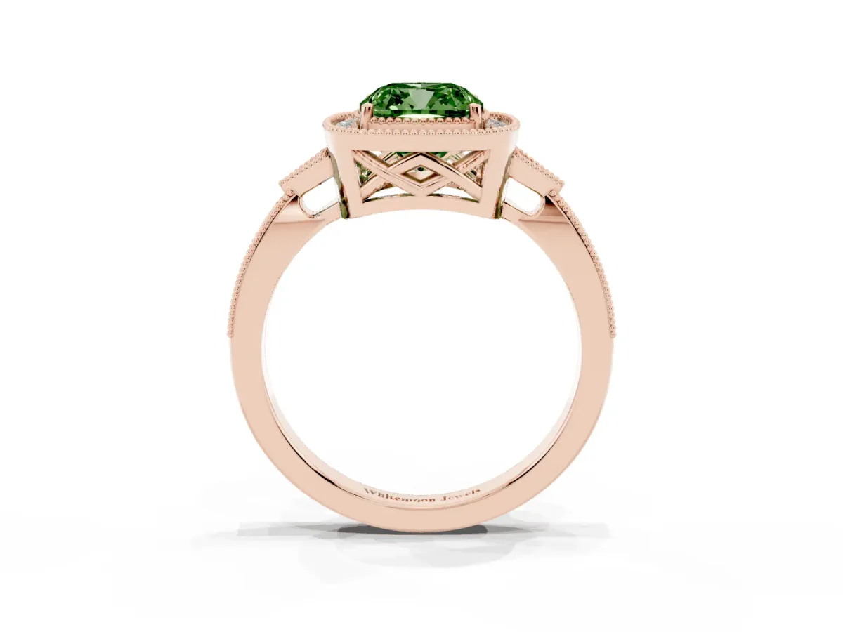 Fancy Green Cushion Cut Halo Round Diamond Milgrain Pave Engagement Ring Rose gold