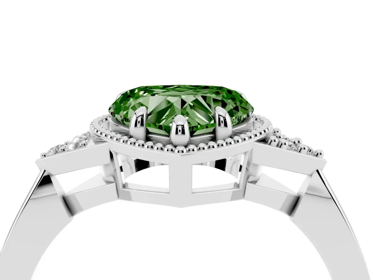 Fancy Green Heart Cut Diamond Halo Ring with Tapered Band and Four-Prong Setting Platinum