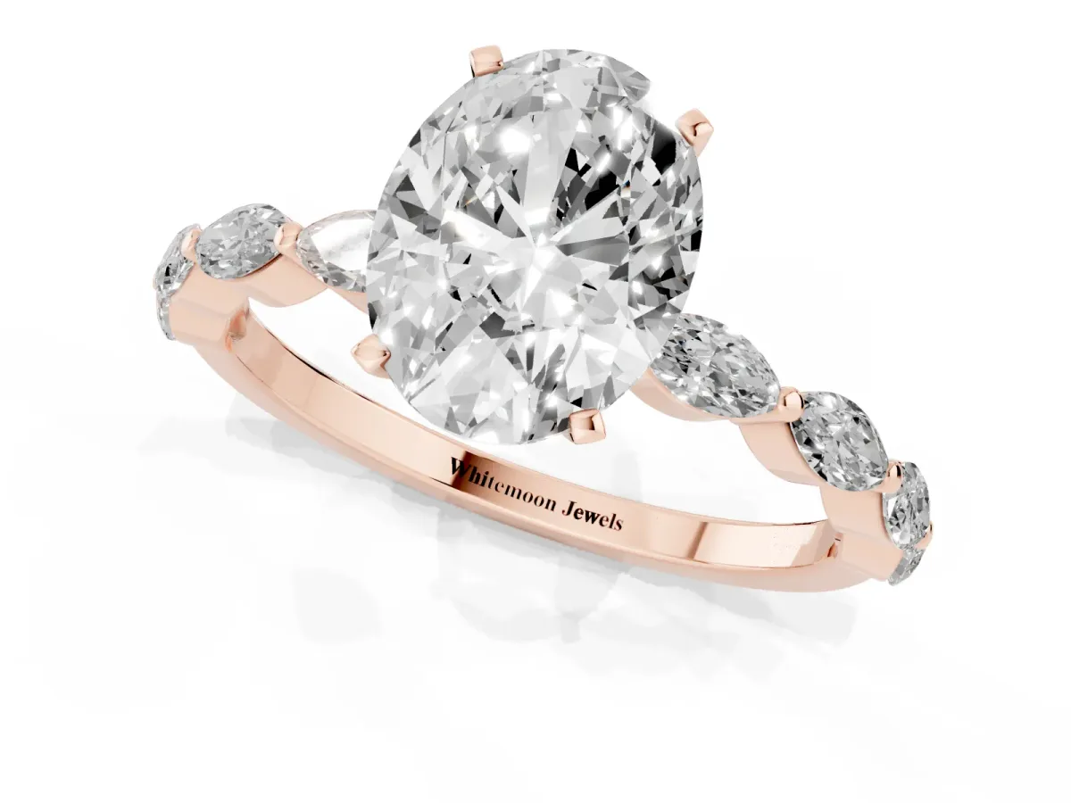 Oval Cut Diamond Ring with Marquise Side Stones and Prong Setting Rose gold