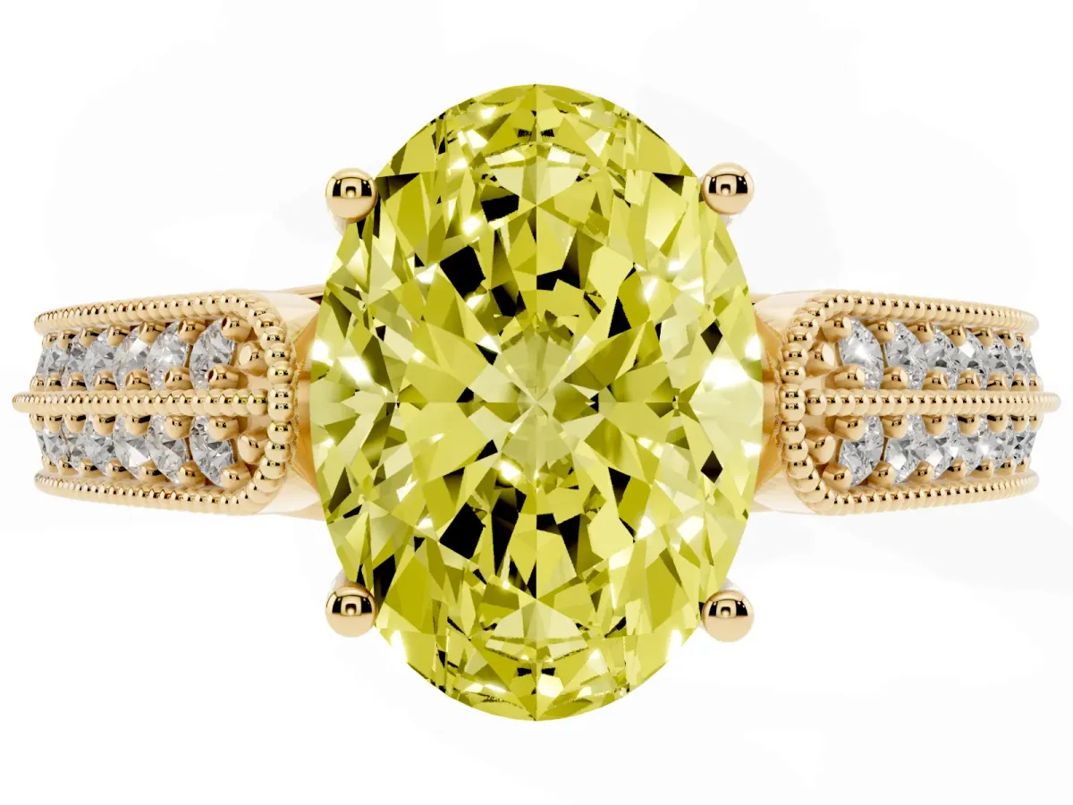 Fancy Yellow Oval Cut Cut Pave Split Shank Engagement Ring with Four-Prong Setting Yellow gold