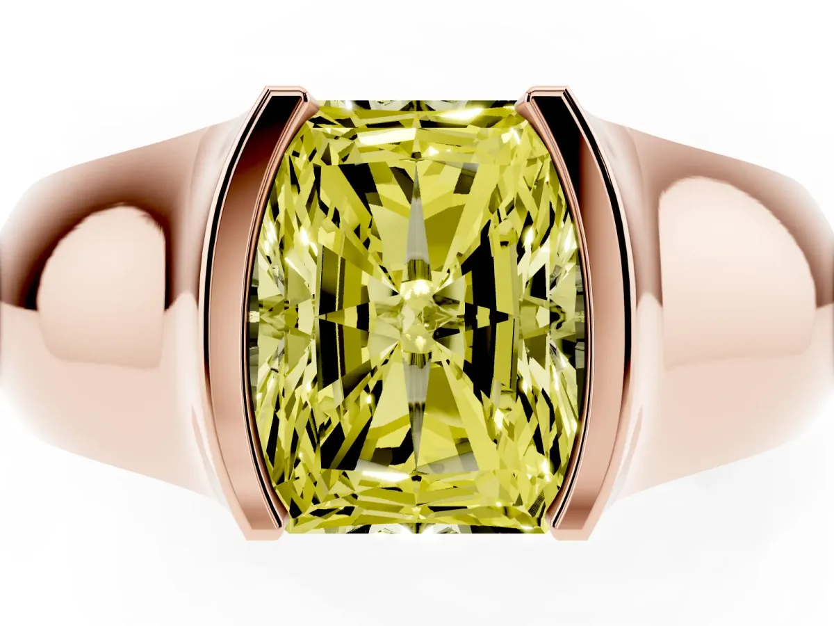 Fancy Yellow Radiant Cut Solitaire Bezel Set Diamond Ring with Wide Band Rose gold