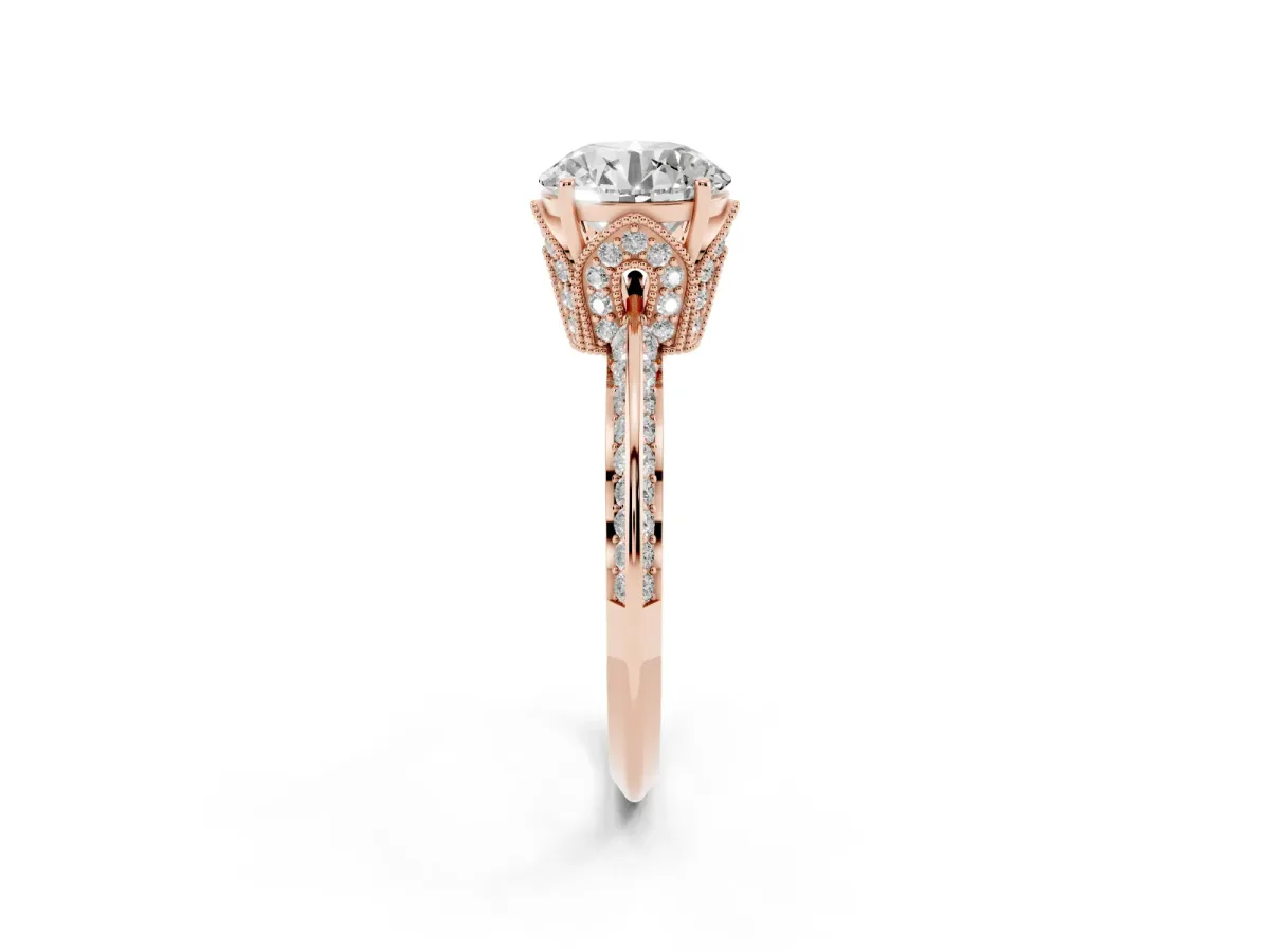 Round Cut Solitaire Split Shank Pave Diamond Engagement Ring with Four-Prong Setting Rose gold