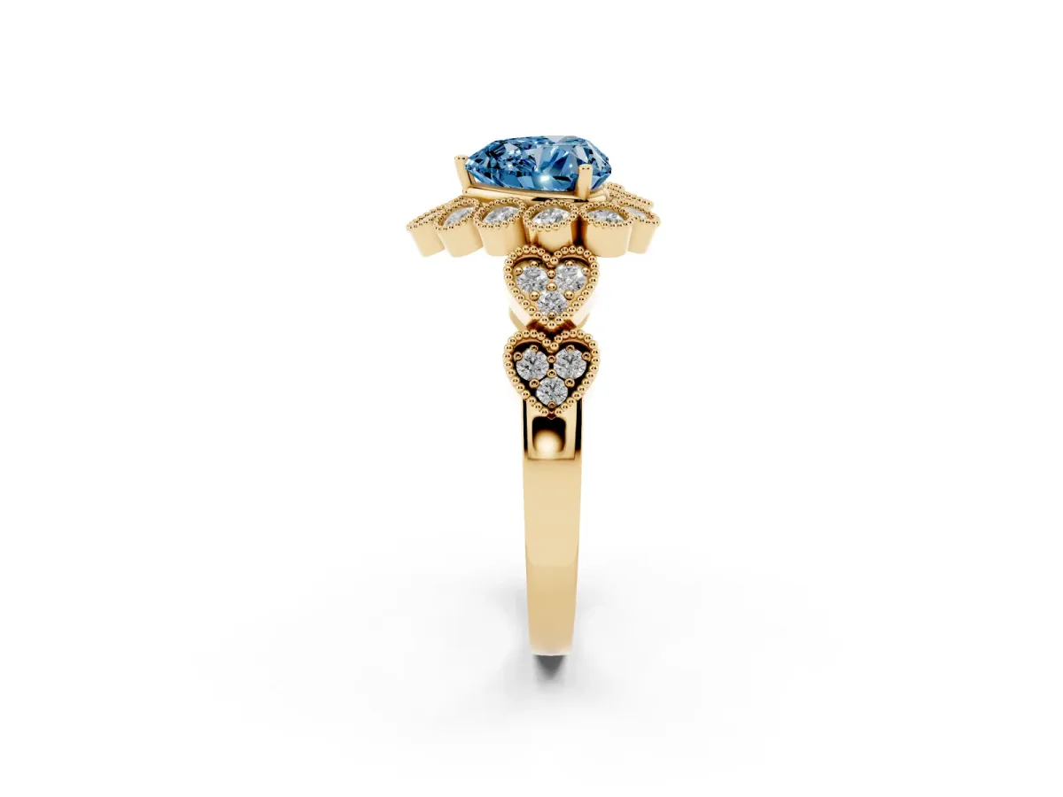 Fancy Blue Heart Cut Brilliant Milgrain Pave Heart Band Solitaire Ring Yellow gold