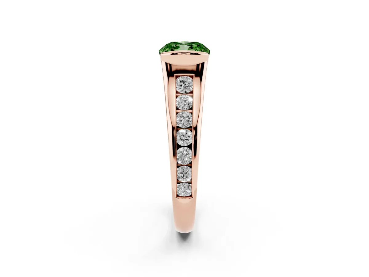 Fancy Green Cushion Cut Solitaire Bezel-Set Diamond Ring with Channel-Set Band Rose gold