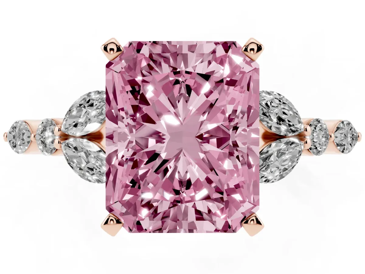 Fancy Pink Radiant Cut Diamond Solitaire Ring with Side Stones and Four-Prong Setting Rose gold