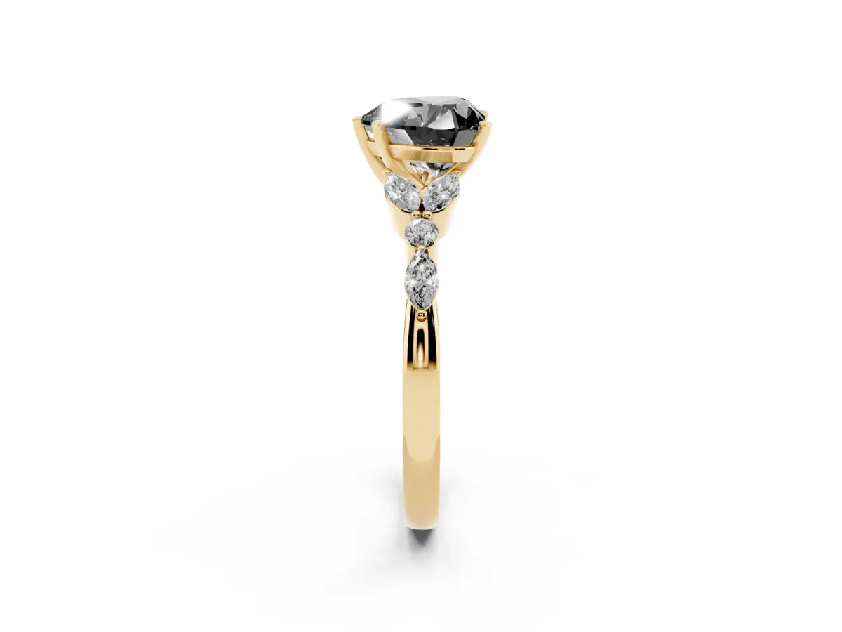 Fancy Black Heart Cut Diamond Solitaire Ring with Side Stones and Four-Prong Setting Yellow gold