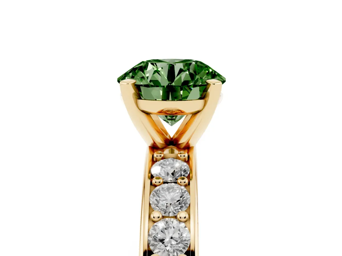 Fancy Green Round Cut Diamond Engagement Ring with Channel Set Round Band and Prong Setting Yellow gold