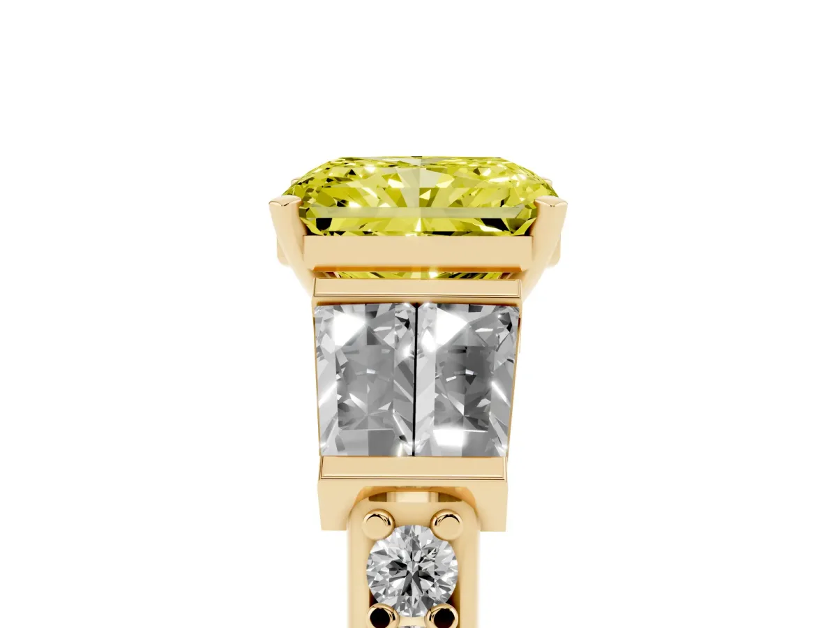 Fancy Yellow Radiant Cut Diamond Engagement Ring with Baguette Side Stones and Channel Set Band Yellow gold