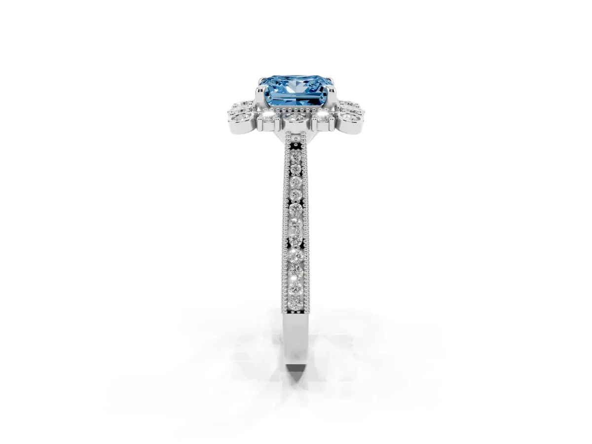 Fancy Blue Princess Cut Halo Milgrain Pave Diamond Ring with Four-Prong Setting Silver