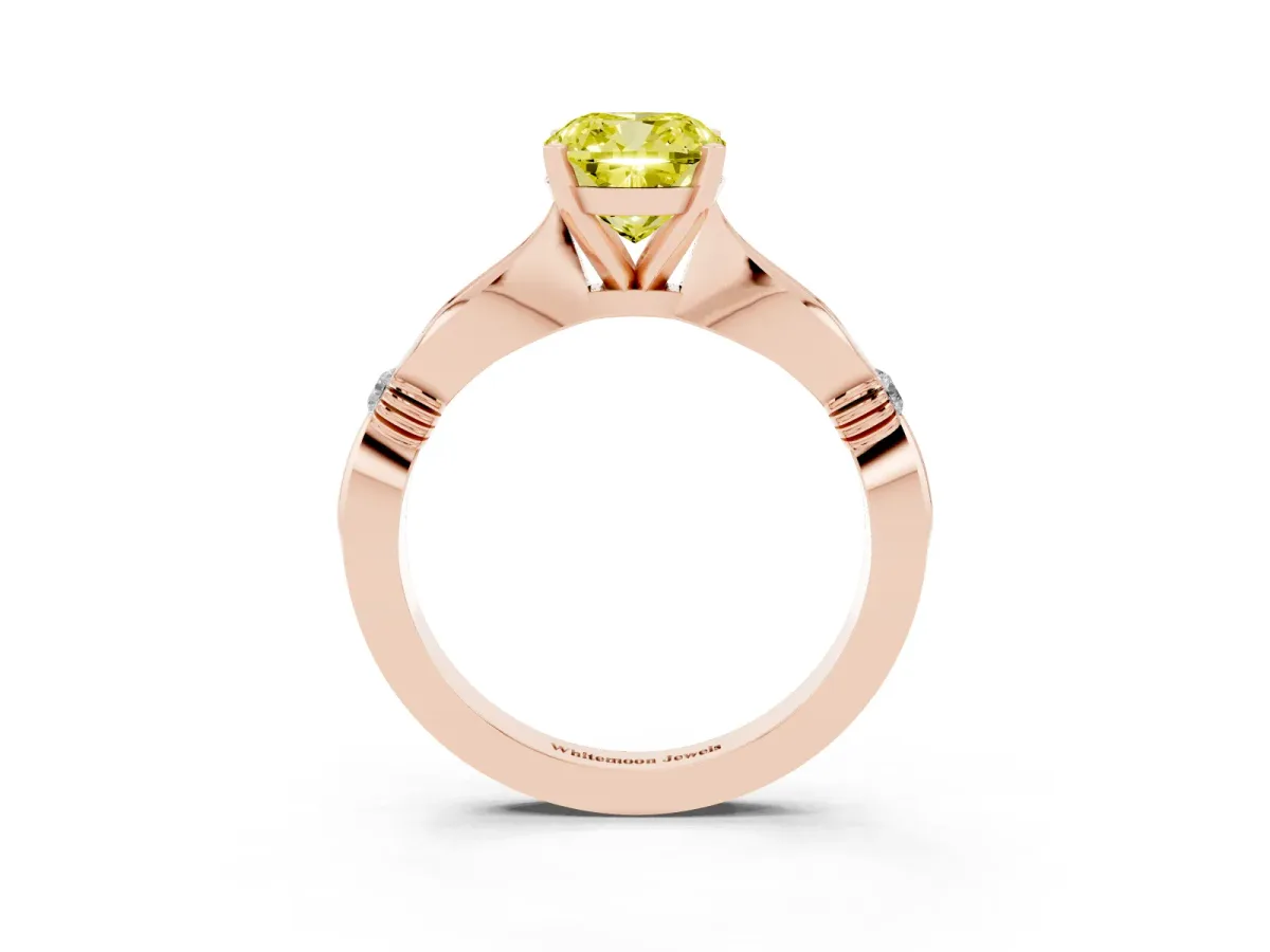 Fancy Yellow Cushion Cut Solitaire Diamond Twisted Band with Four-Prong Setting Rose gold