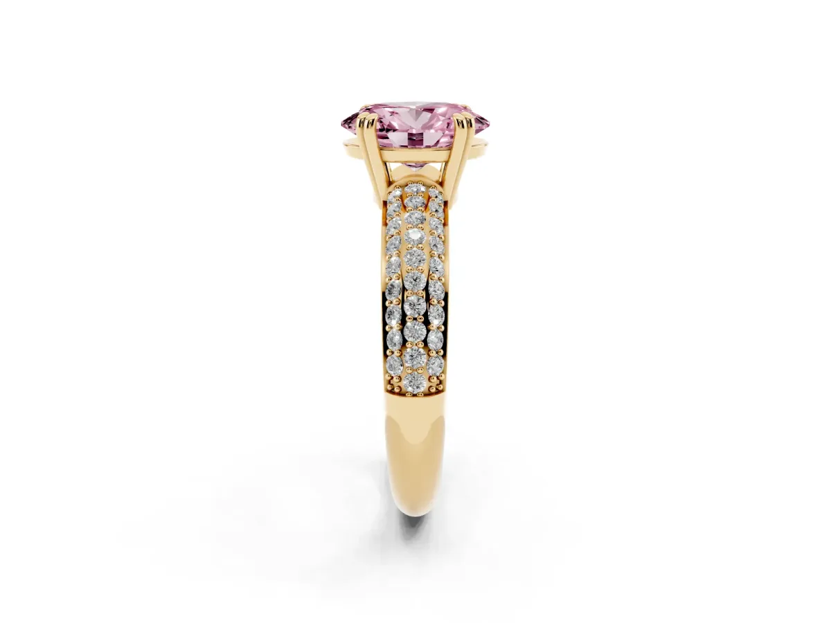 Fancy Pink Oval Cut Diamond Solitaire Ring with Multi-Row Round Pavé Band and Prong Setting Yellow gold