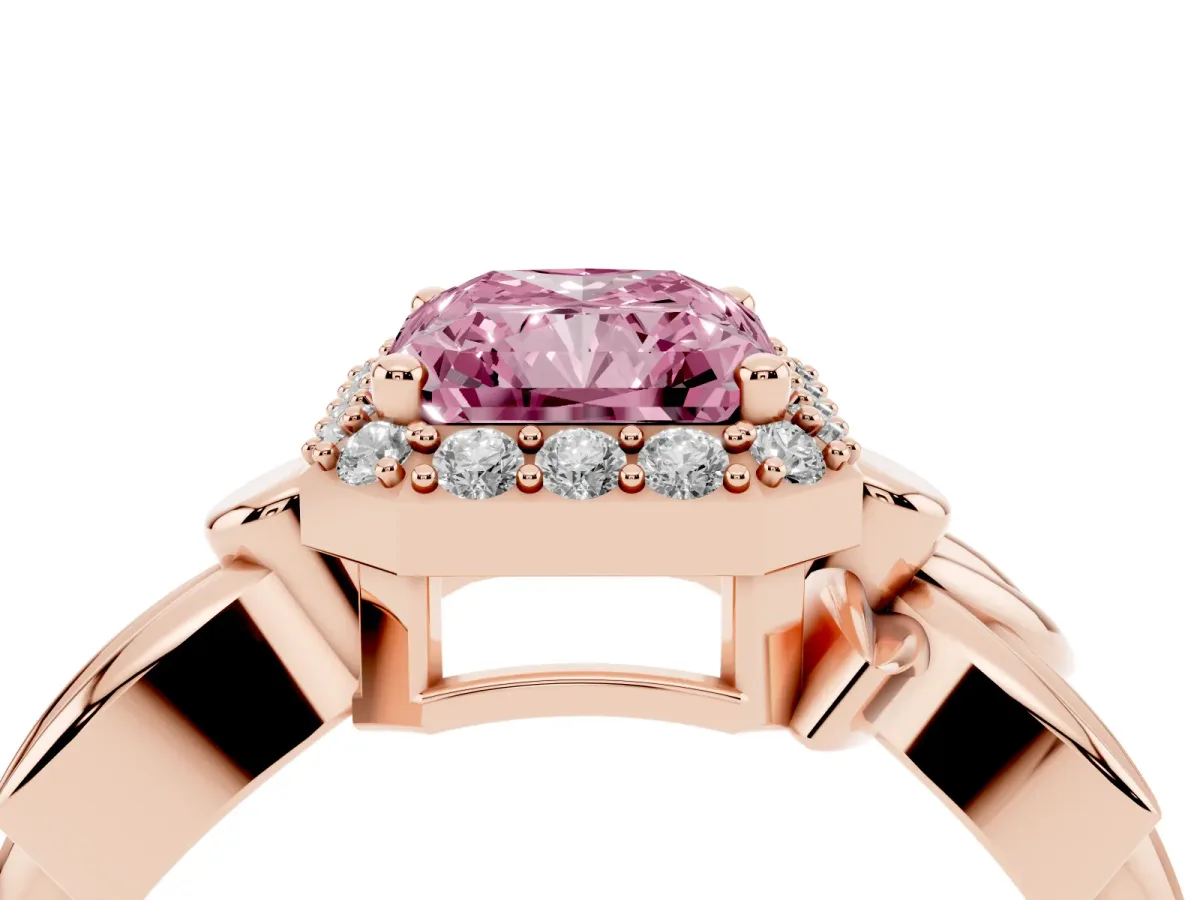 Fancy Pink Radiant Cut Halo Diamond Floral Band with Four-Prong Setting Rose gold