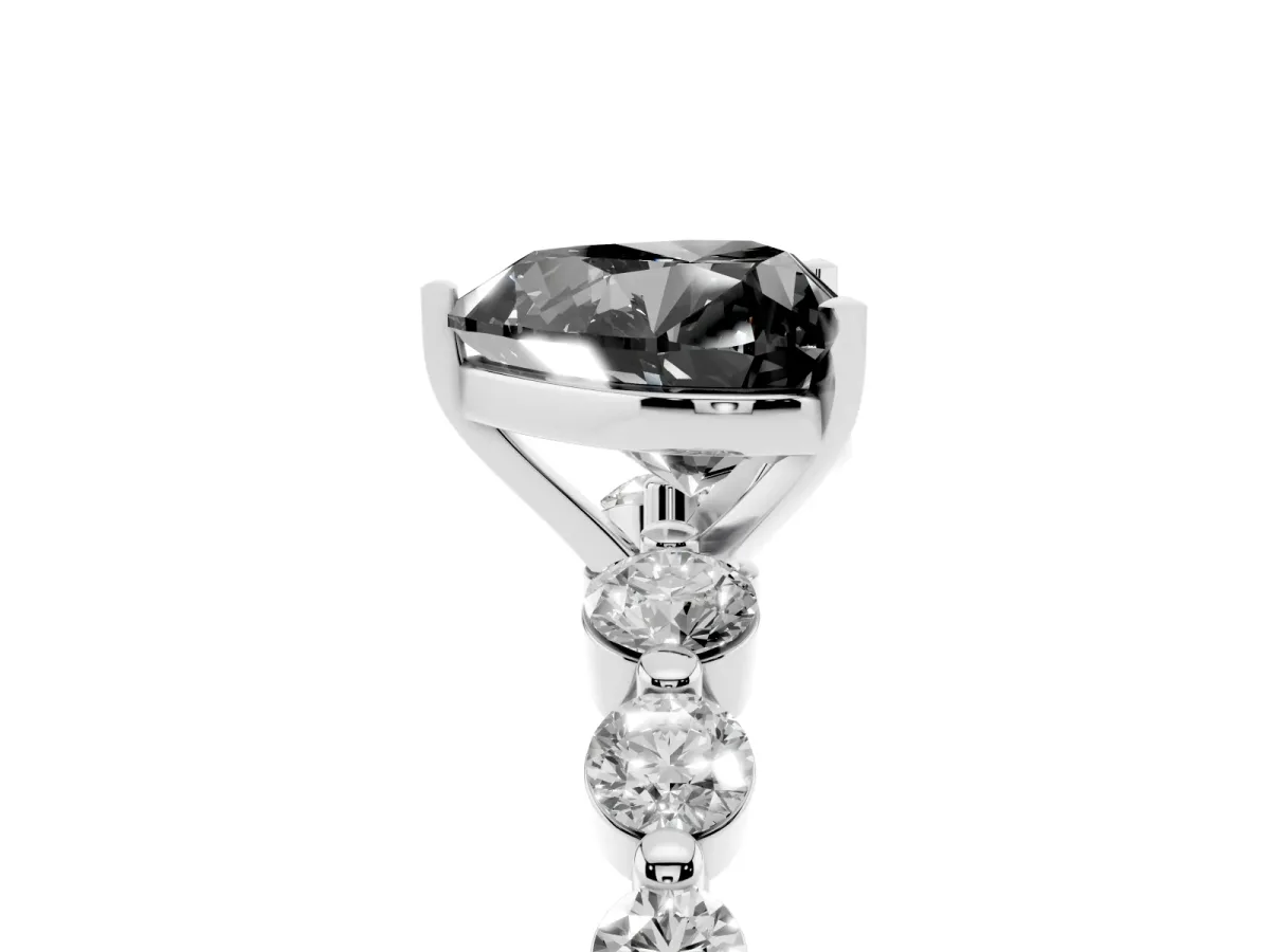 Fancy Black Heart Cut Solitaire Diamond Ring with Pave Band and Four-Prong Setting Silver