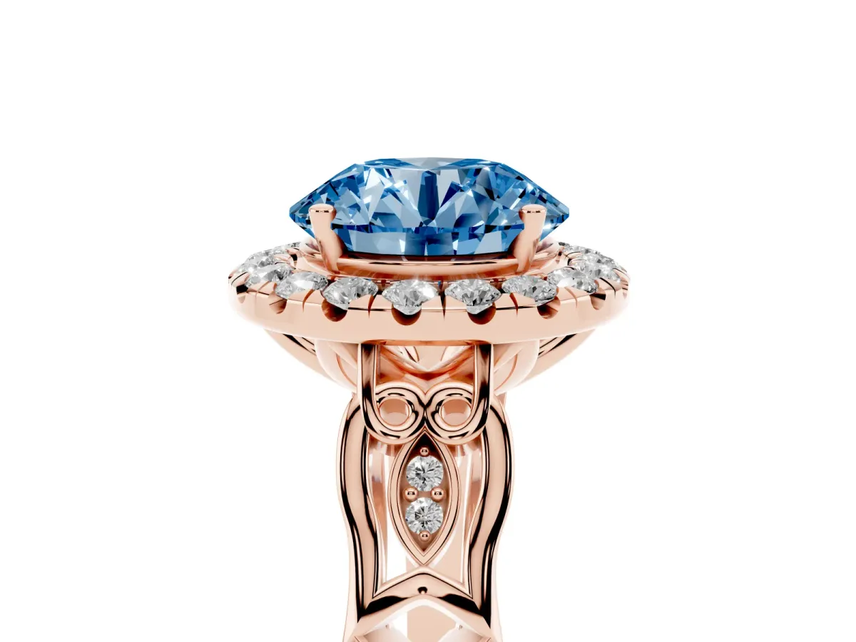 Fancy Blue Round Cut Halo Diamond Engagement Ring with Filigree Band and Four-Prong Setting Rose gold
