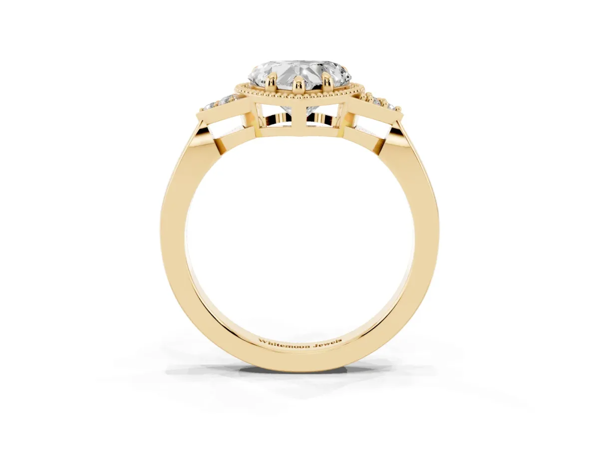 Hexagonal Halo Heart Cut Diamond Solitaire with Pavé Band and Four-Prong Setting Yellow gold
