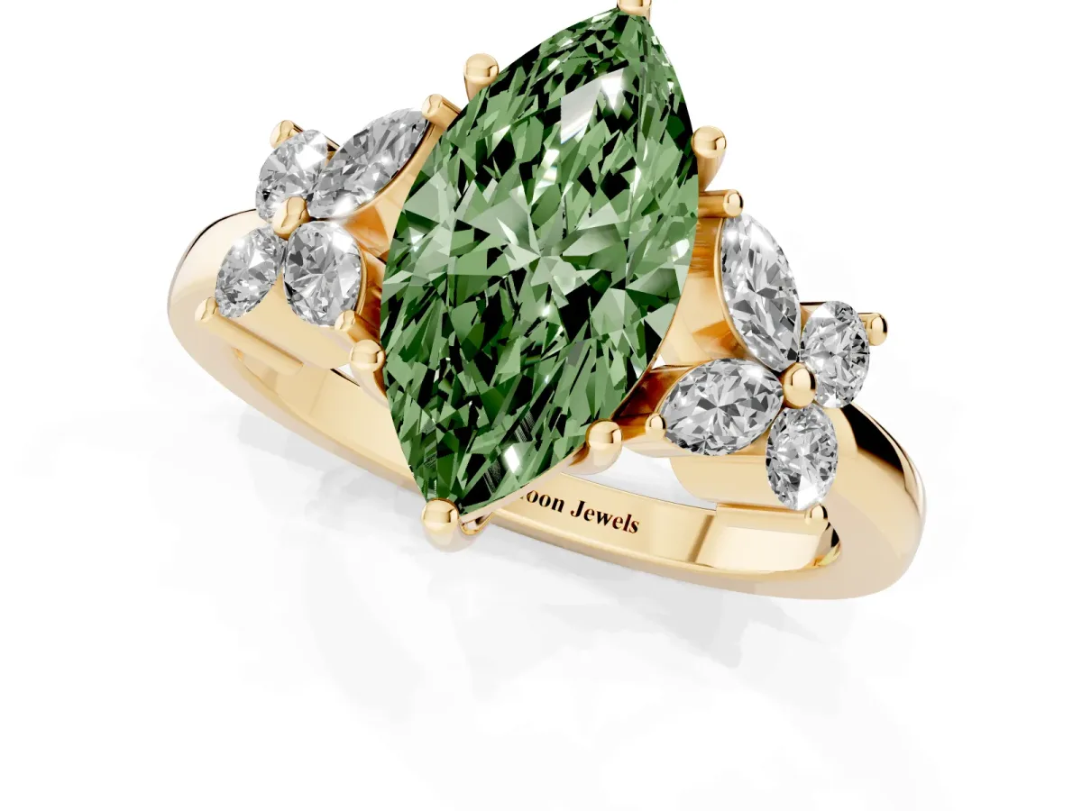 Fancy Green Marquise Cut Diamond Floral Cluster Ring with Solitaire Band and Prong Setting Yellow gold