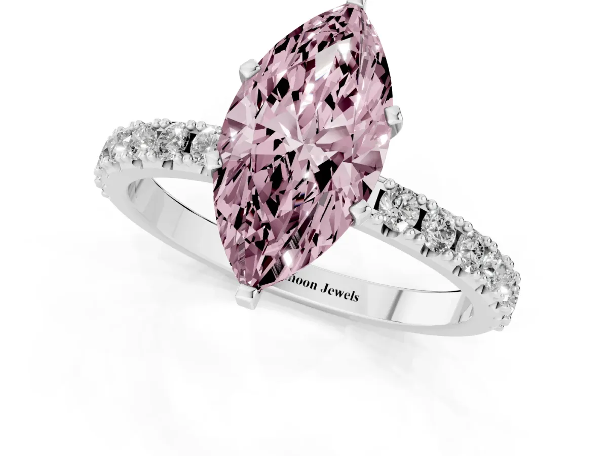 Fancy Pink Marquise Cut Diamond Solitaire Pavé Band with Four-Prong Setting Silver