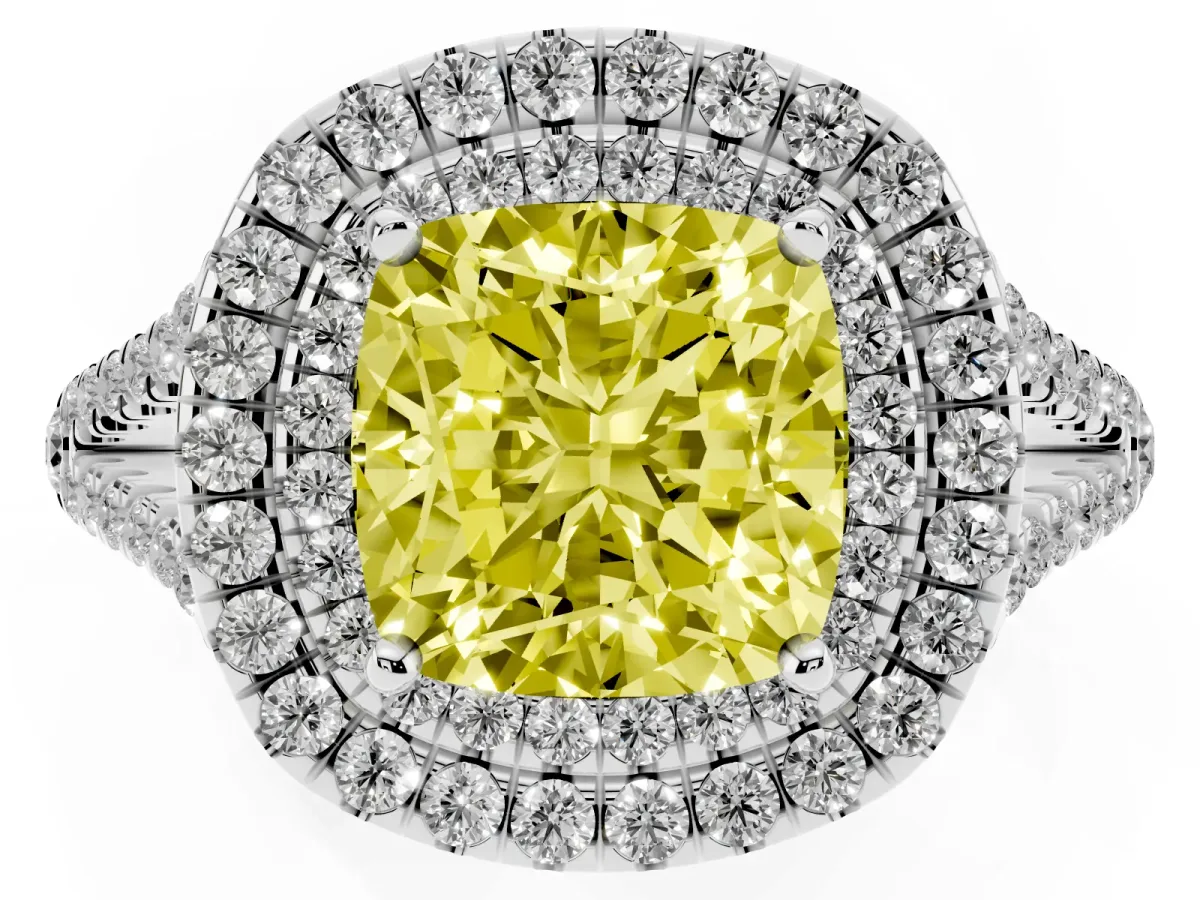 Fancy Yellow Cushion Cut Diamond Double Halo Ring with Pavé Band and Prong Setting Platinum