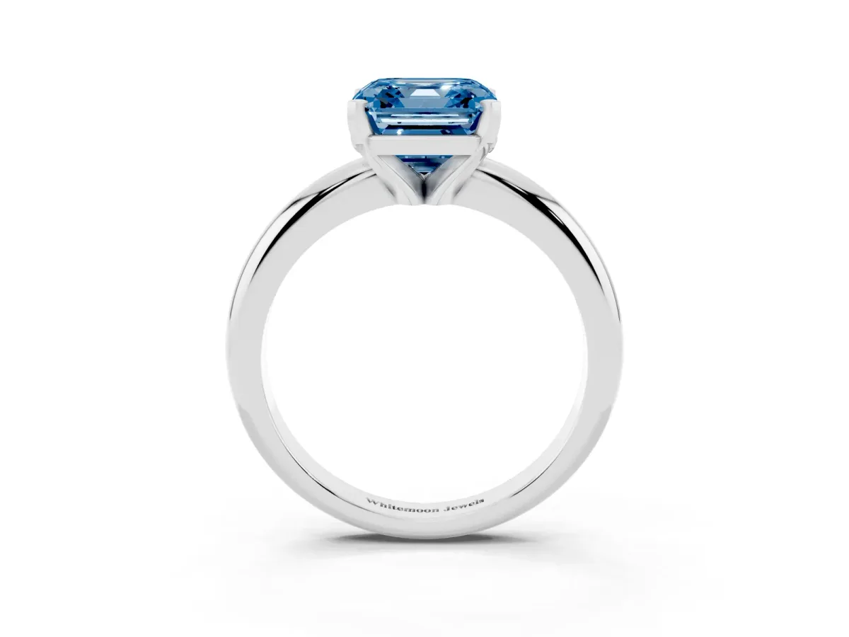 Fancy Blue Asscher Cut Diamond Solitaire Engagement Ring with Round Band and Four-Prong Setting Silver