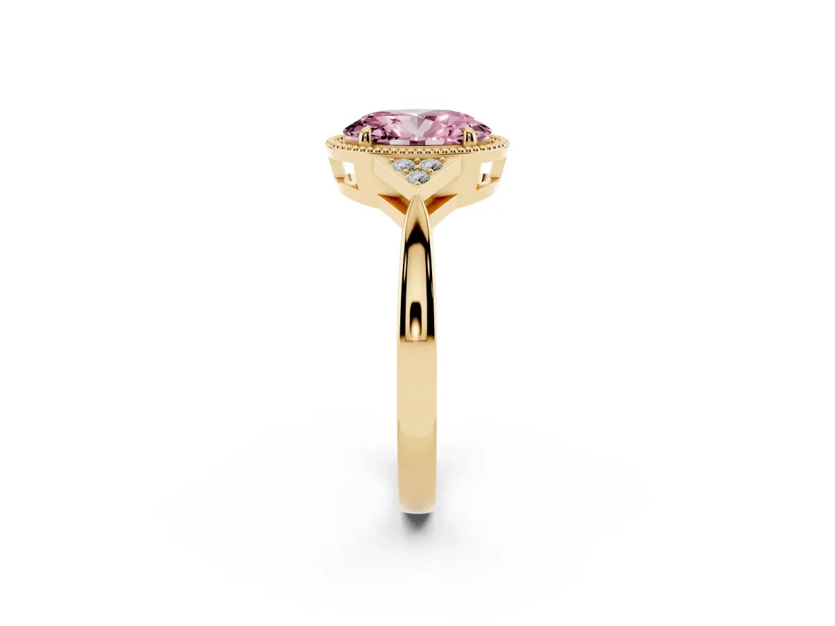 Fancy Pink Oval Cut Diamond Halo Ring with Tapered Band and Four-Prong Setting Yellow gold