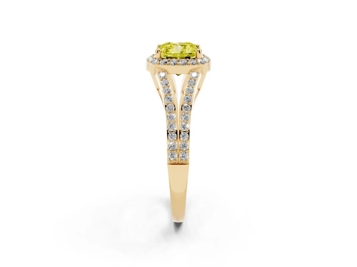 Fancy Yellow Cushion Cut Halo Split Shank Pave Diamond Ring with Four-Prong Setting Yellow gold