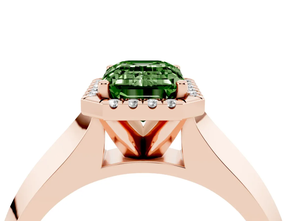 Fancy Green Emerald Cut Halo Diamond Ring with Cathedral Band and Four-Prong Setting Rose gold