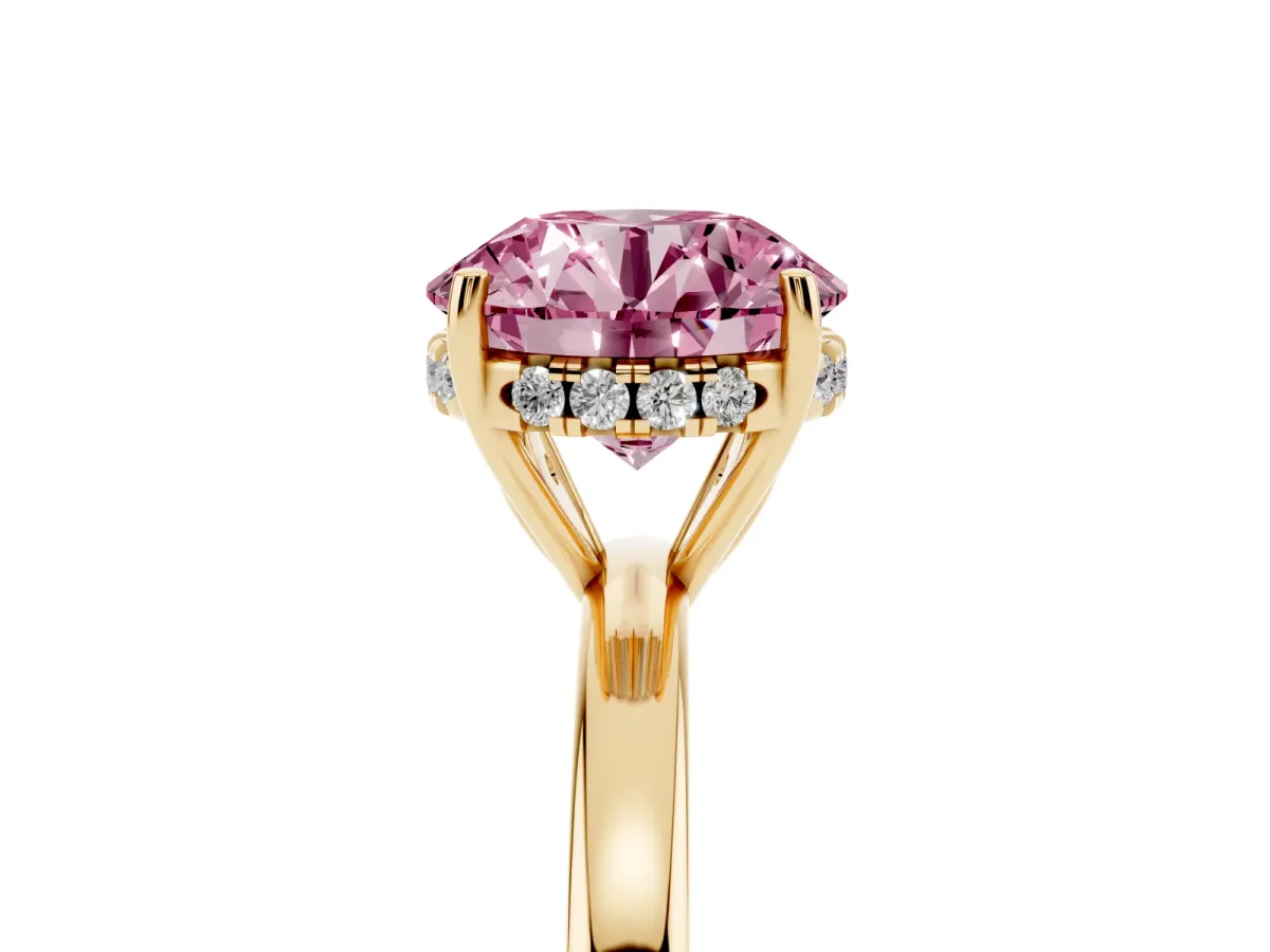 Fancy Pink Round Cut Solitaire Diamond Ring with Prong Setting and Plain Band Yellow gold