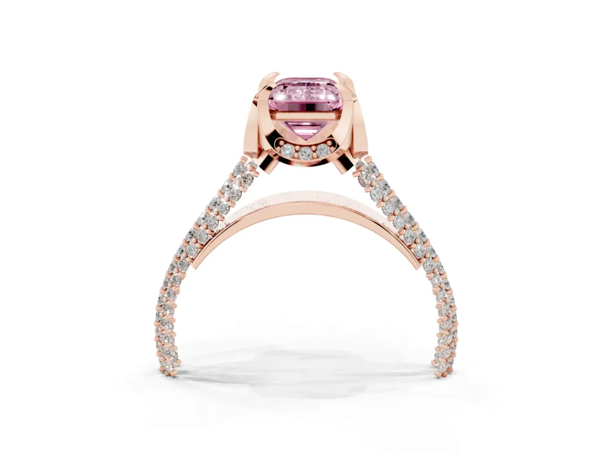 Fancy Pink Emerald Cut Solitaire Pave Split Shank Ring with Four-Prong Setting Rose gold