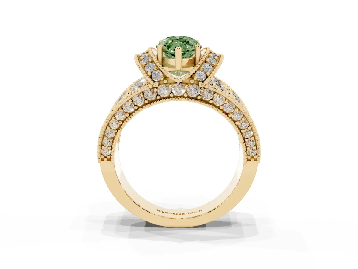 Fancy Green Marquise Cut Halo Pave Diamond Engagement Ring with Milgrain Detailing Yellow gold