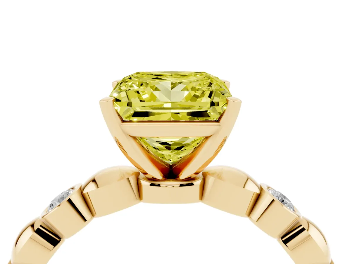 Fancy Yellow Princess Cut Solitaire Bezel-Set Diamond Ring with Beaded Band and Four-Prong Setting Yellow gold
