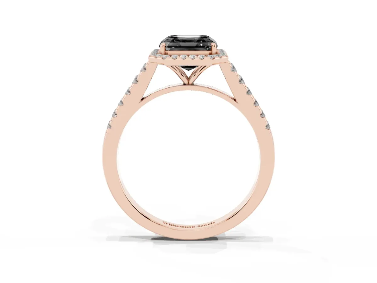 Fancy Black Asscher Cut Halo Pave Diamond Engagement Ring with Four-Prong Setting Rose gold