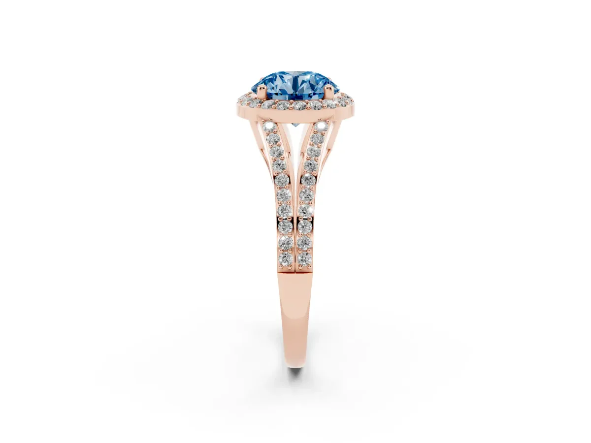 Fancy Blue Round Cut Halo Split Shank Pave Diamond Ring with Four-Prong Setting Rose gold